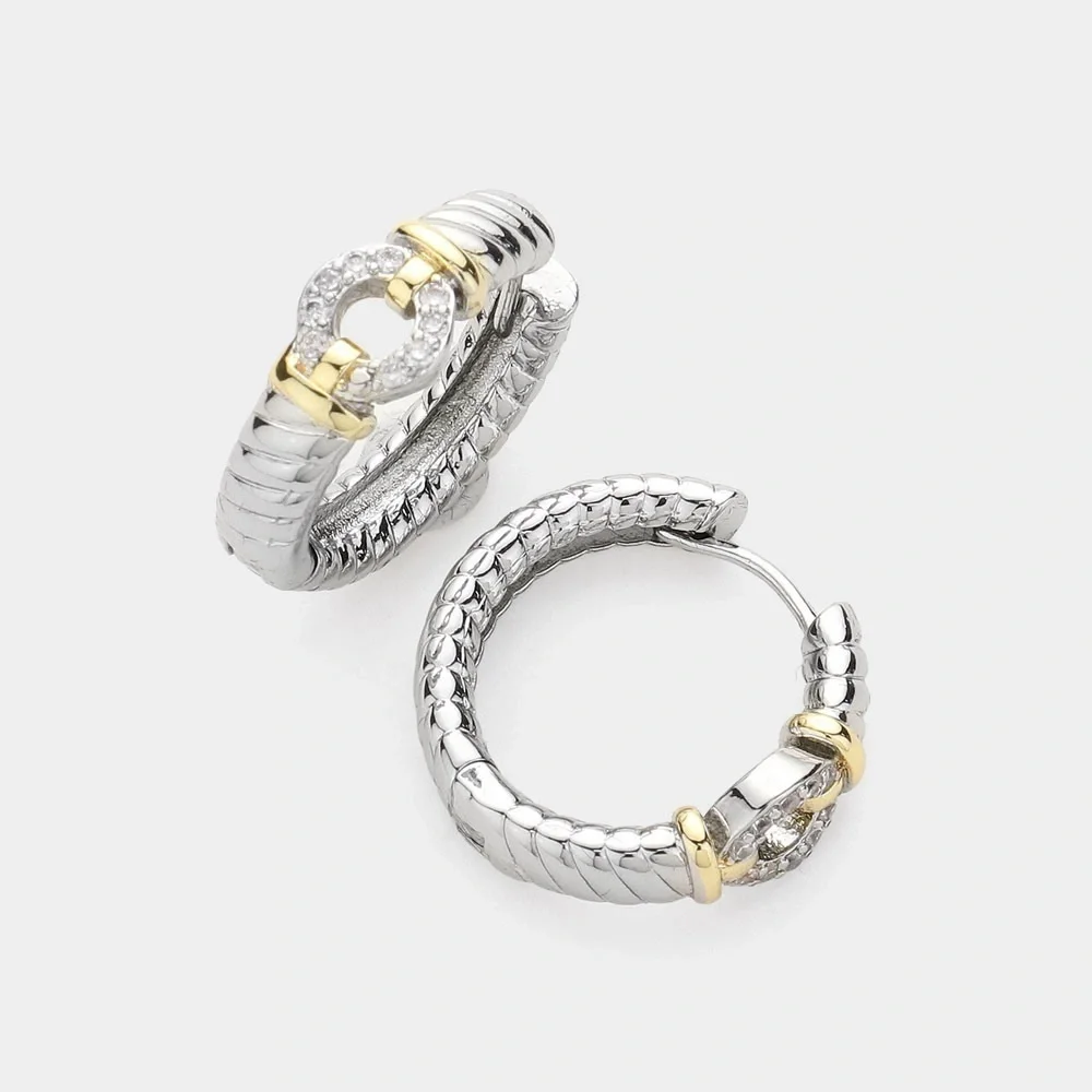 Two Tone Designer Hoop Huggies Ear Rings - Picture 2 of 2